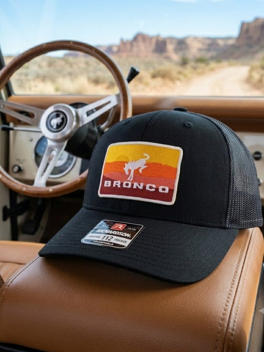 Retro Bronco Sunset Embroidered Patch Trucker Hat Richardson 112 Snapback Cap